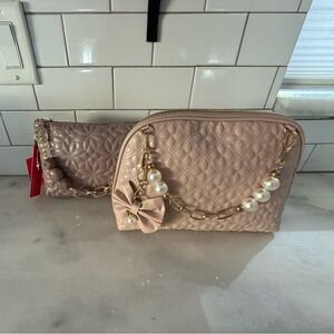 Pink/Light Purple Quilted Handbag Set with Pearl Accents